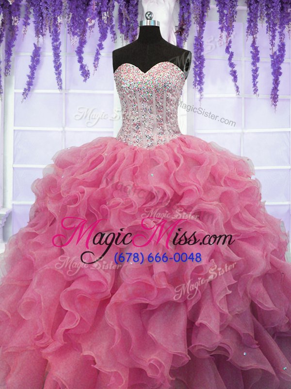 wholesale customized rose pink sleeveless ruffles and sequins floor length sweet 16 quinceanera dress