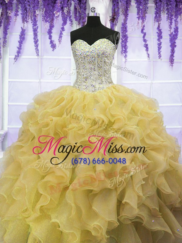 wholesale decent yellow lace up sweetheart beading and ruffles quinceanera gowns organza sleeveless