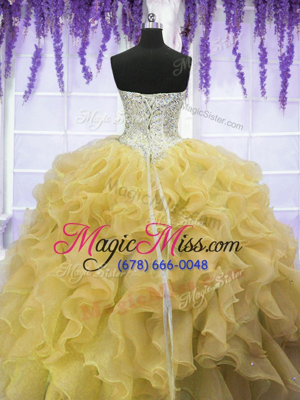 wholesale decent yellow lace up sweetheart beading and ruffles quinceanera gowns organza sleeveless