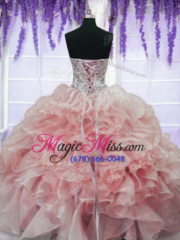 wholesale enchanting watermelon red sleeveless floor length beading and ruffles lace up 15 quinceanera dress