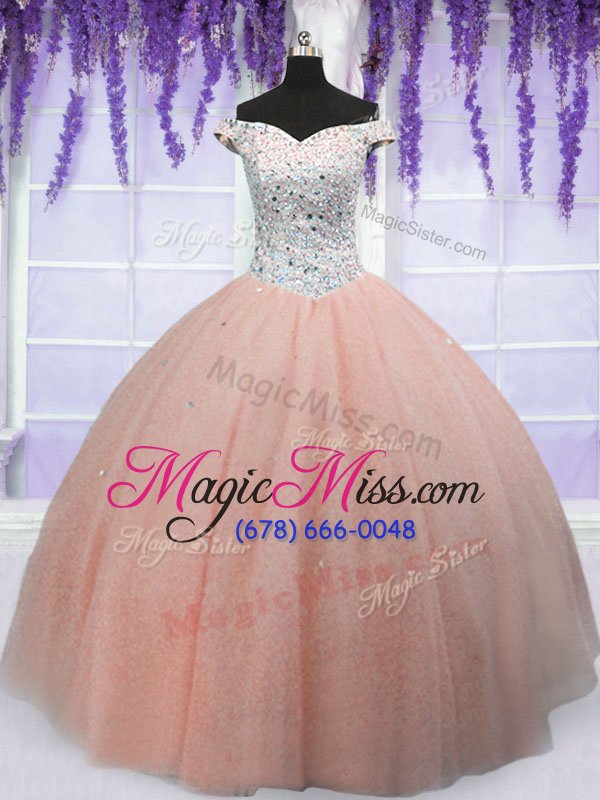 wholesale deluxe peach off the shoulder neckline beading sweet 16 dresses short sleeves lace up