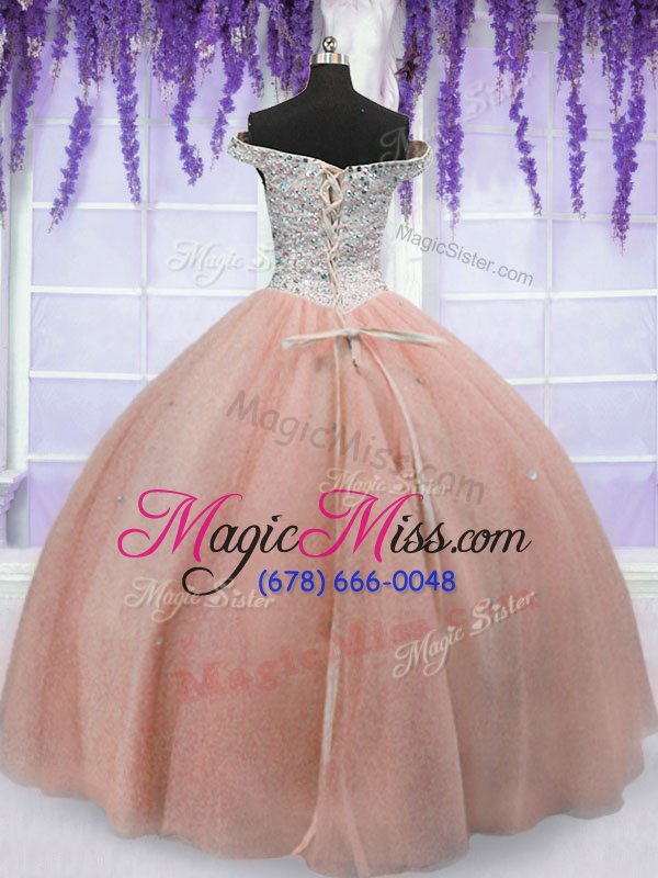 wholesale deluxe peach off the shoulder neckline beading sweet 16 dresses short sleeves lace up