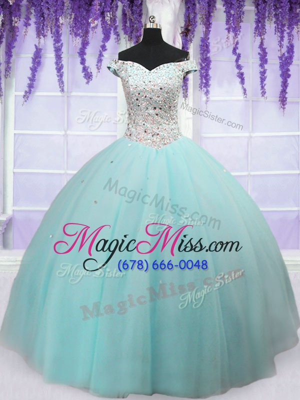 wholesale classical ball gowns quinceanera gowns light blue off the shoulder tulle short sleeves floor length lace up