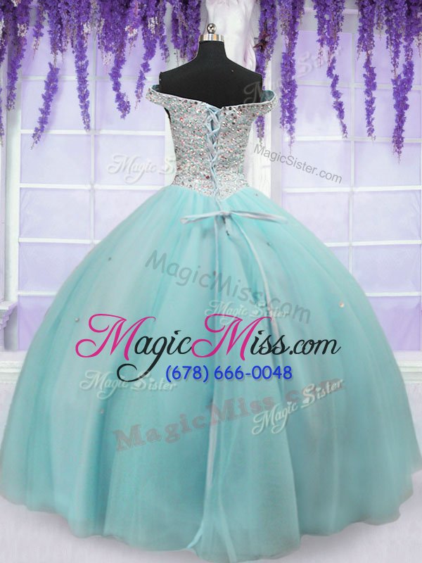 wholesale classical ball gowns quinceanera gowns light blue off the shoulder tulle short sleeves floor length lace up