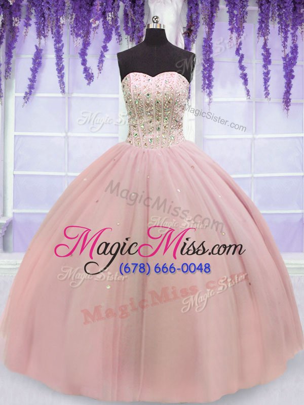 wholesale most popular sleeveless tulle floor length lace up sweet 16 dresses in baby pink for with beading