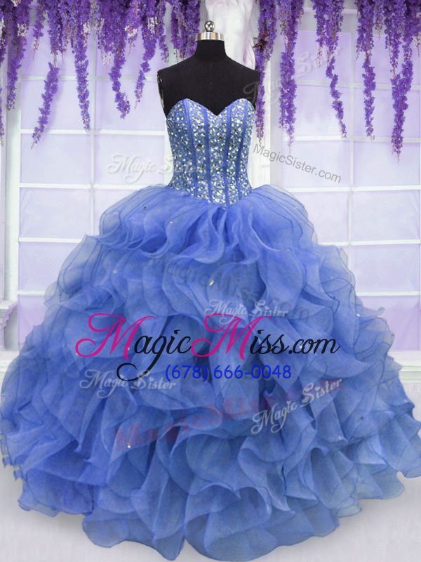 wholesale great blue sleeveless organza lace up quince ball gowns for military ball and sweet 16 and quinceanera