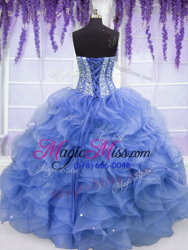 wholesale great blue sleeveless organza lace up quince ball gowns for military ball and sweet 16 and quinceanera