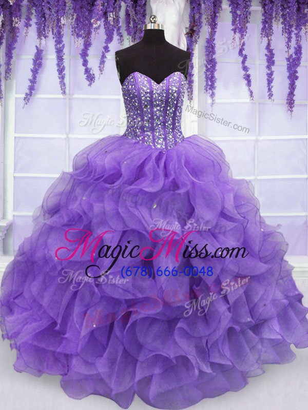 wholesale perfect sleeveless floor length beading and ruffles lace up quinceanera dress with lavender