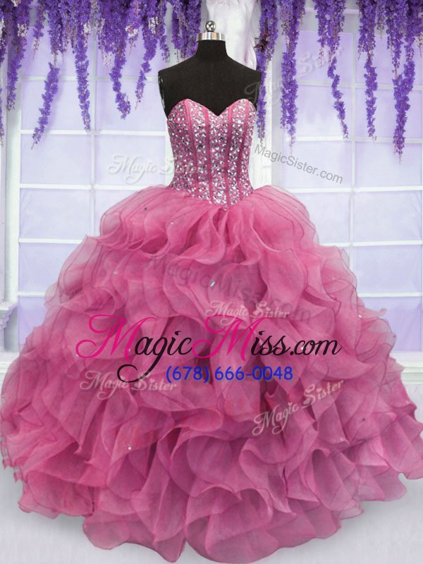 wholesale romantic rose pink sweetheart neckline beading and ruffles quince ball gowns sleeveless lace up