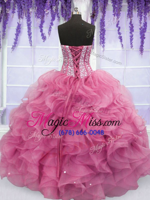 wholesale romantic rose pink sweetheart neckline beading and ruffles quince ball gowns sleeveless lace up