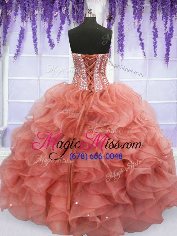 wholesale sweet floor length lace up sweet 16 quinceanera dress watermelon red and in for military ball and sweet 16 and quinceanera with beading and ruffles