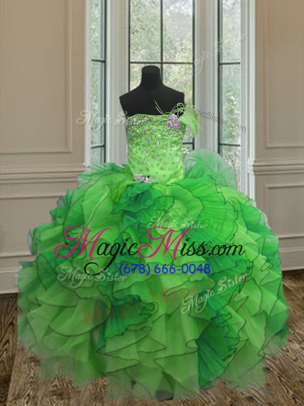 wholesale hot selling organza strapless sleeveless lace up beading and ruffles vestidos de quinceanera in green