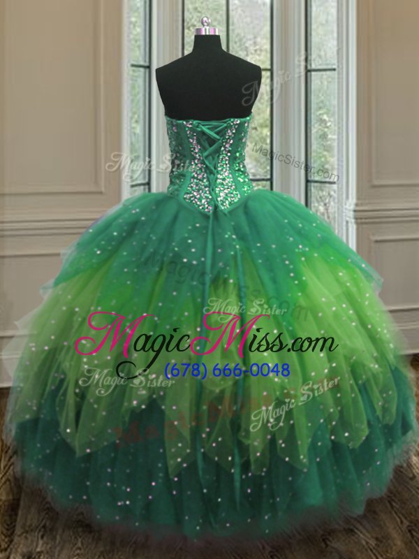 wholesale excellent multi-color tulle lace up quinceanera gown sleeveless floor length beading and ruffles and sequins