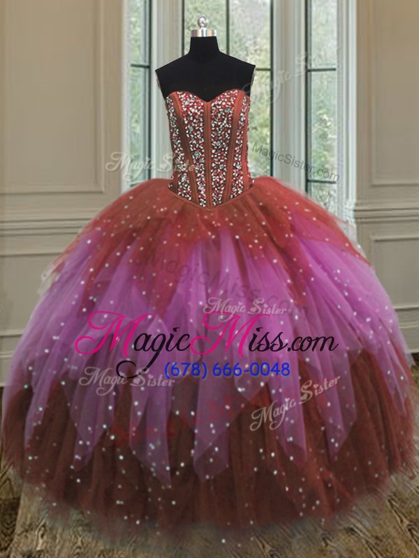 wholesale fashion multi-color sweetheart lace up beading and ruffles and sequins ball gown prom dress sleeveless