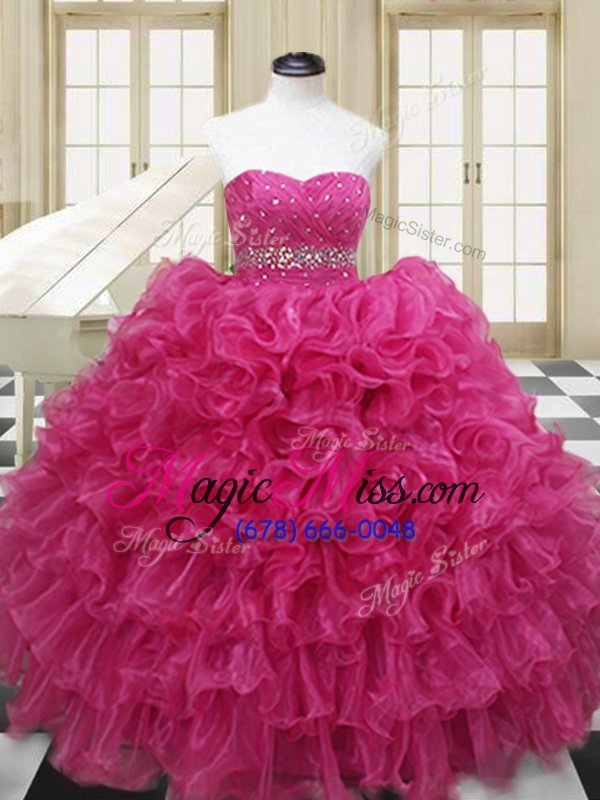 wholesale sweetheart sleeveless lace up ball gown prom dress hot pink organza