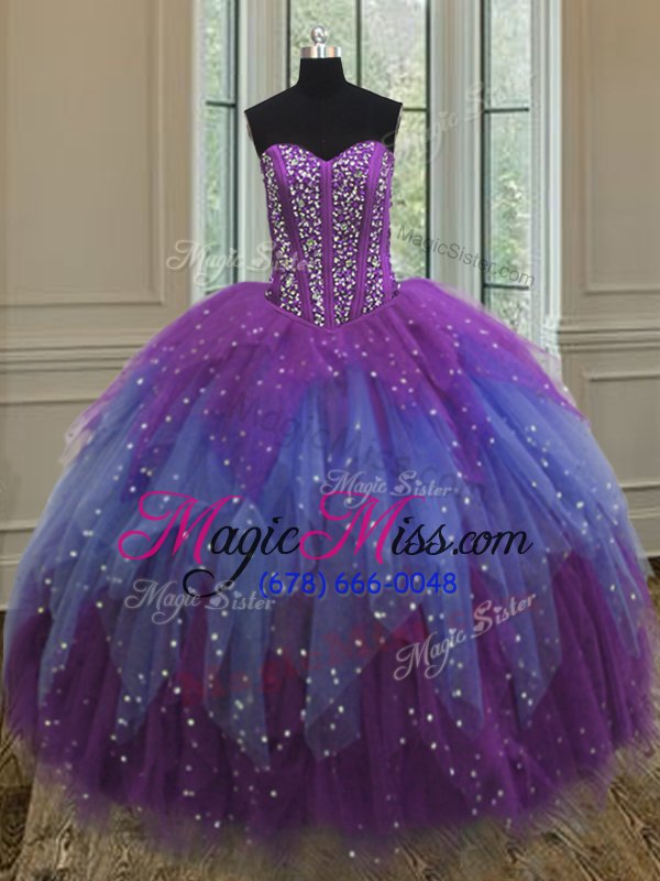 wholesale fitting three piece sequins sweetheart sleeveless lace up quinceanera dresses multi-color tulle