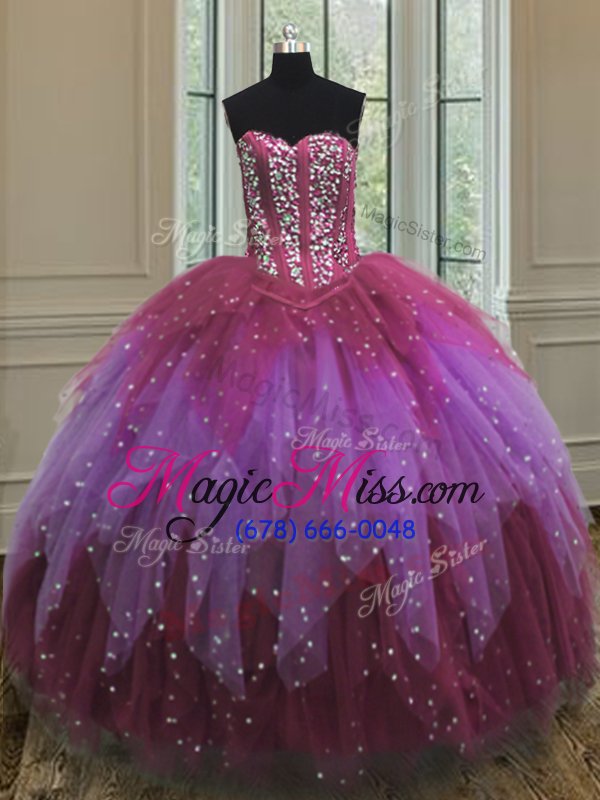 wholesale flare three piece sequins sweetheart sleeveless lace up 15th birthday dress multi-color tulle