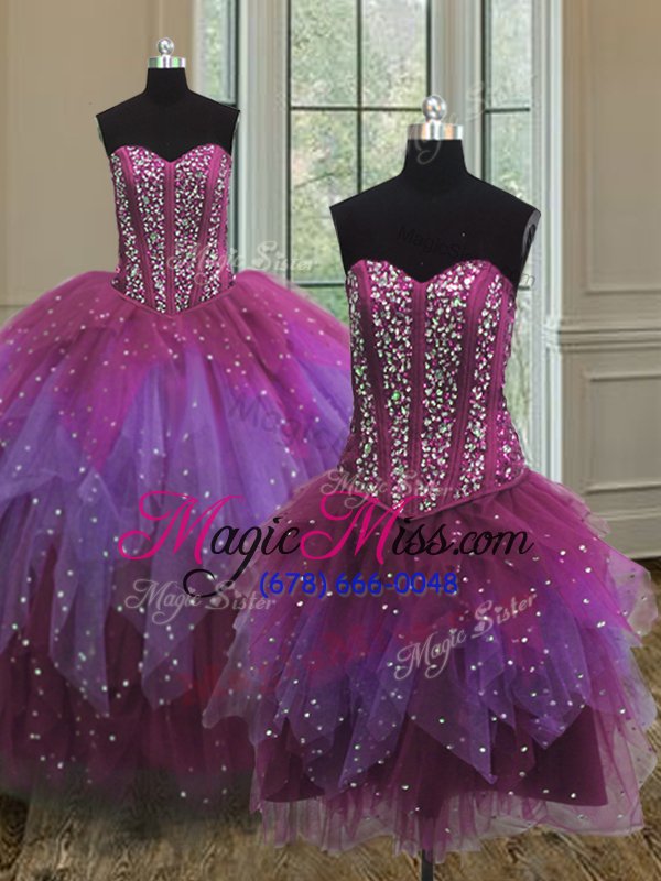 wholesale cheap three piece sleeveless floor length beading lace up sweet 16 quinceanera dress with multi-color