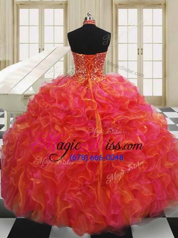 wholesale halter top floor length multi-color quince ball gowns organza sleeveless beading and ruffles