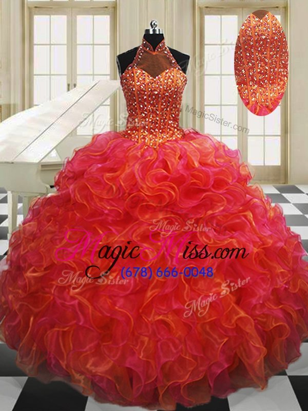 wholesale halter top floor length multi-color quince ball gowns organza sleeveless beading and ruffles