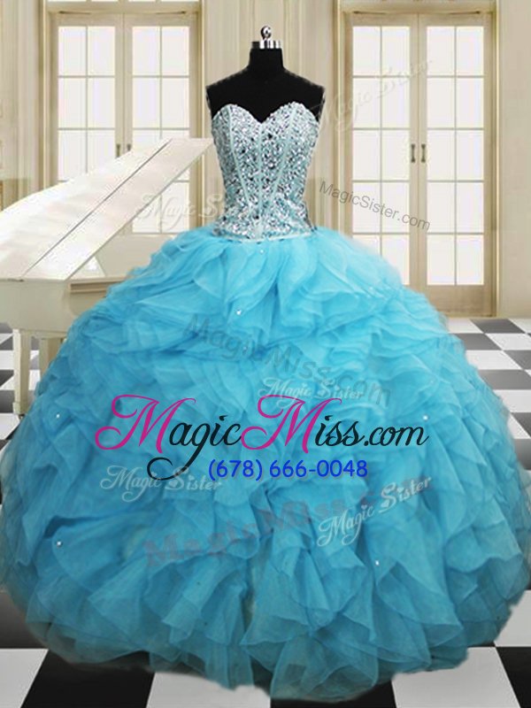 wholesale best selling three piece baby blue sweetheart neckline beading and ruffles ball gown prom dress sleeveless lace up