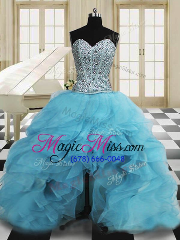 wholesale best selling three piece baby blue sweetheart neckline beading and ruffles ball gown prom dress sleeveless lace up