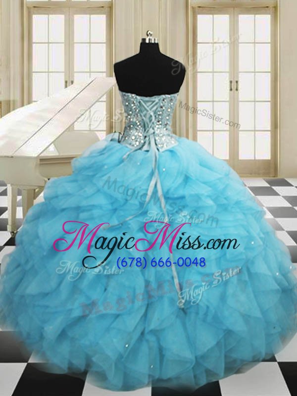 wholesale unique three piece baby blue organza lace up quince ball gowns sleeveless floor length beading and ruffles