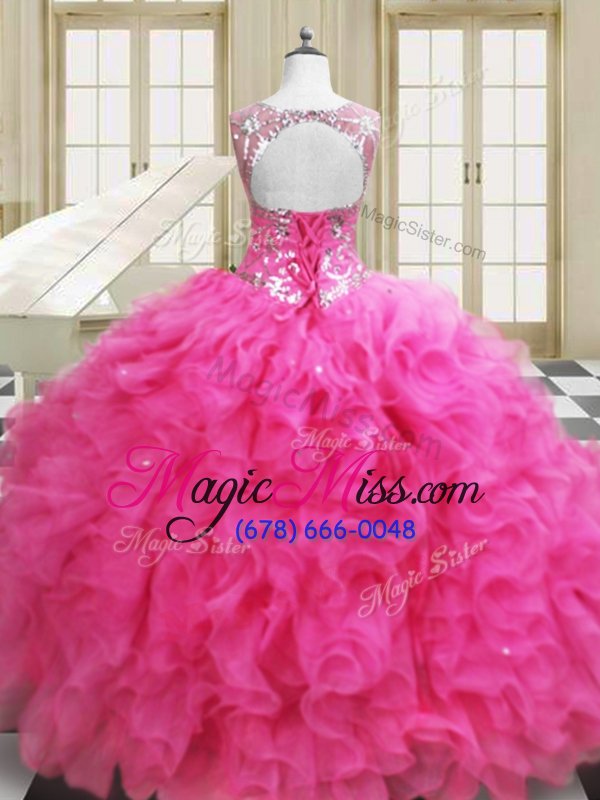 wholesale comfortable hot pink scoop lace up beading and ruffles quinceanera gowns sleeveless