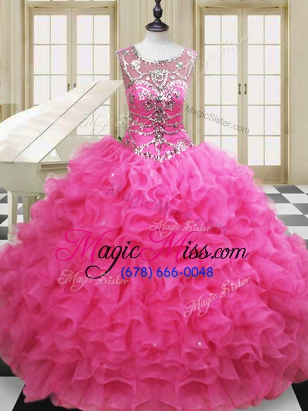wholesale comfortable hot pink scoop lace up beading and ruffles quinceanera gowns sleeveless