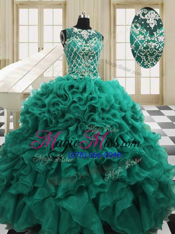 wholesale classical teal ball gowns scoop sleeveless organza floor length lace up beading and ruffles quinceanera dress