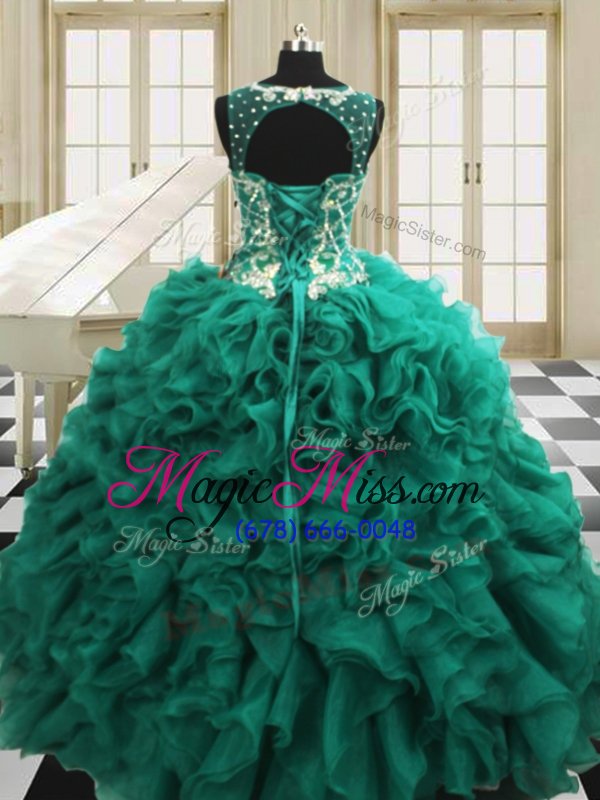wholesale classical teal ball gowns scoop sleeveless organza floor length lace up beading and ruffles quinceanera dress