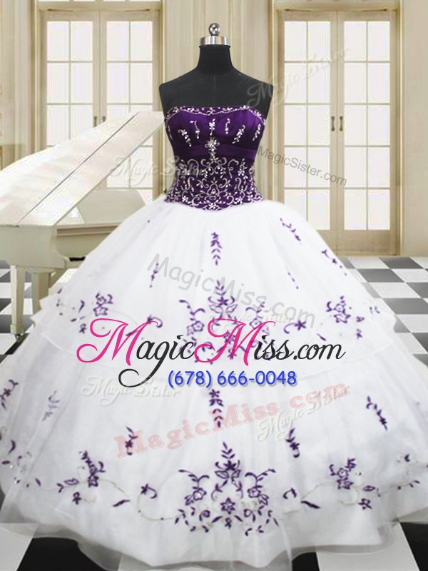 wholesale deluxe white organza lace up quince ball gowns sleeveless floor length beading and embroidery