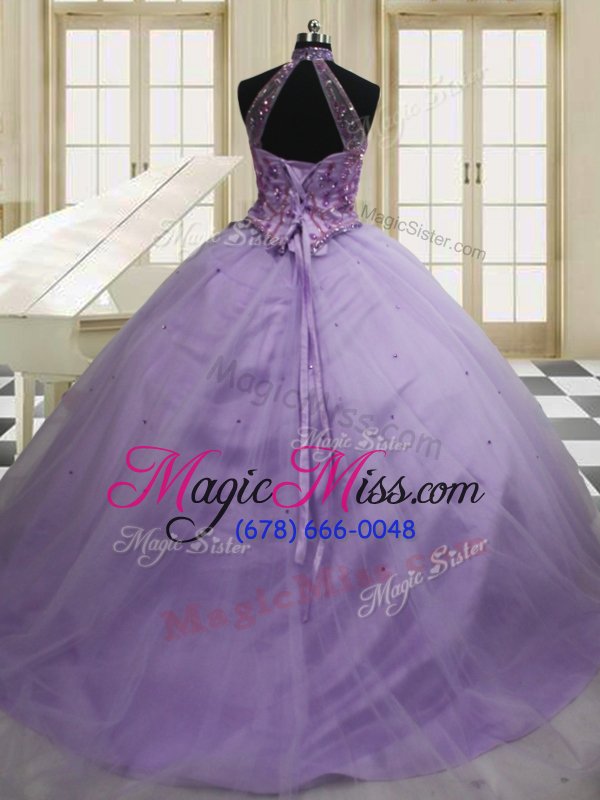 wholesale attractive halter top lavender sleeveless beading and embroidery lace up 15th birthday dress