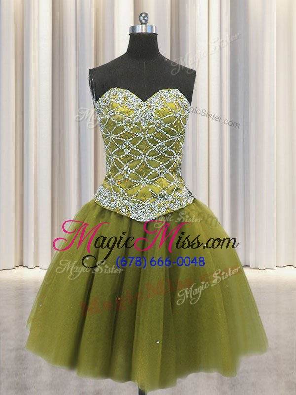 wholesale sweet three piece sequins ball gowns 15th birthday dress olive green sweetheart tulle sleeveless floor length lace up