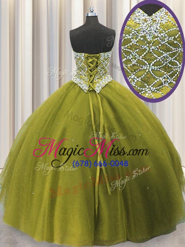 wholesale sweet three piece sequins ball gowns 15th birthday dress olive green sweetheart tulle sleeveless floor length lace up