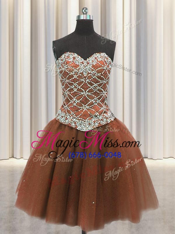wholesale deluxe three piece brown ball gowns tulle sweetheart sleeveless beading and sequins floor length lace up quinceanera gown