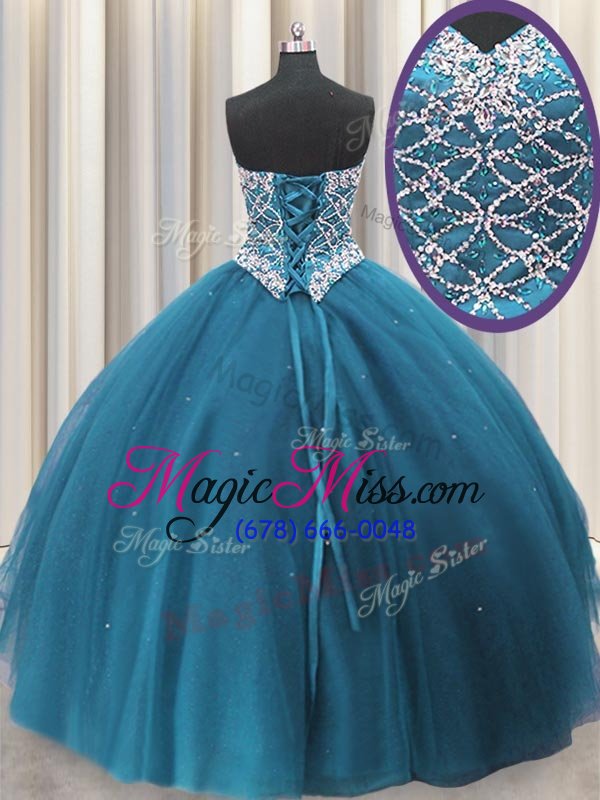 wholesale top selling three piece teal sleeveless tulle lace up vestidos de quinceanera for military ball and sweet 16 and quinceanera