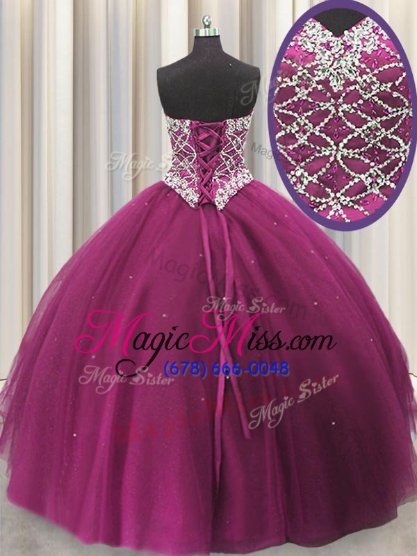 wholesale ideal three piece fuchsia ball gowns tulle sweetheart sleeveless beading and sequins floor length lace up sweet 16 dresses