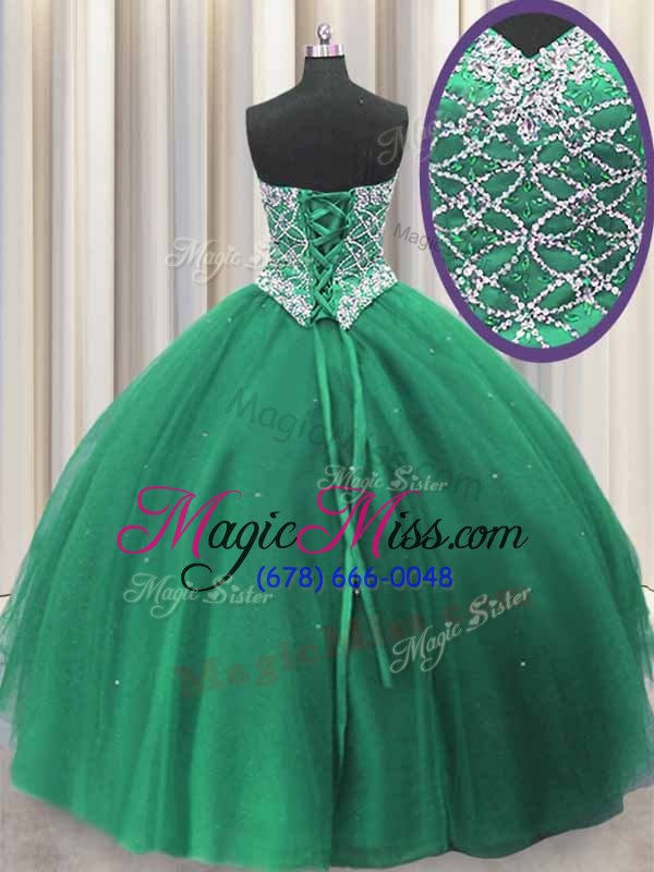 wholesale dazzling three piece ball gowns sweet 16 dress green sweetheart tulle sleeveless floor length lace up