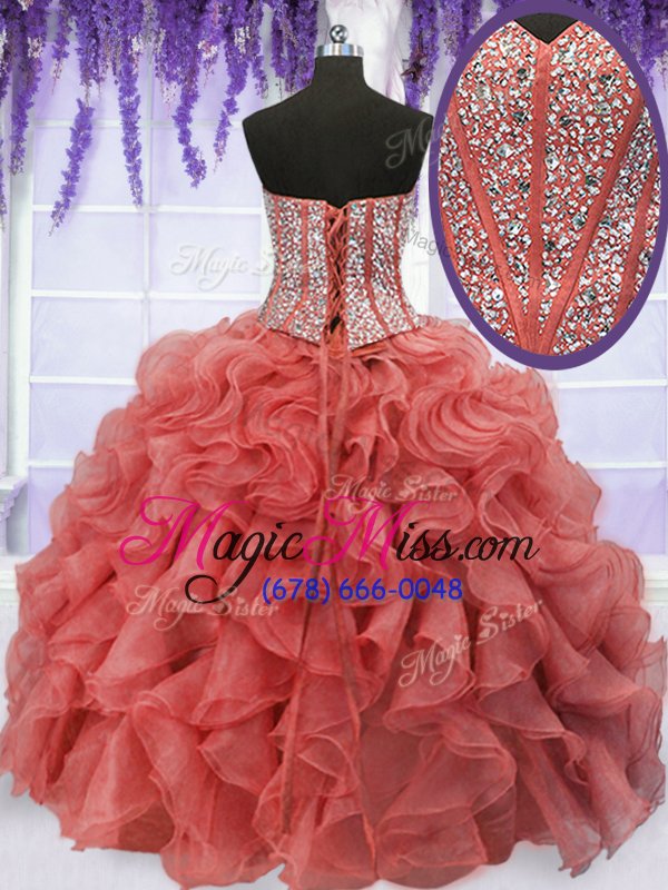 wholesale fitting organza sweetheart sleeveless lace up beading and ruffles vestidos de quinceanera in coral red