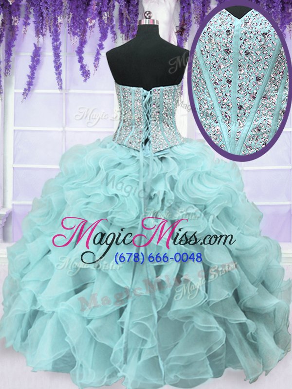 wholesale colorful light blue sleeveless floor length beading and ruffles lace up ball gown prom dress