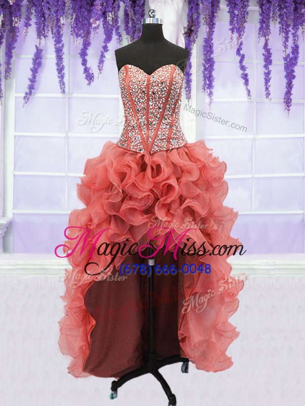 wholesale delicate four piece coral red ball gowns beading and ruffles quinceanera gowns lace up organza sleeveless floor length