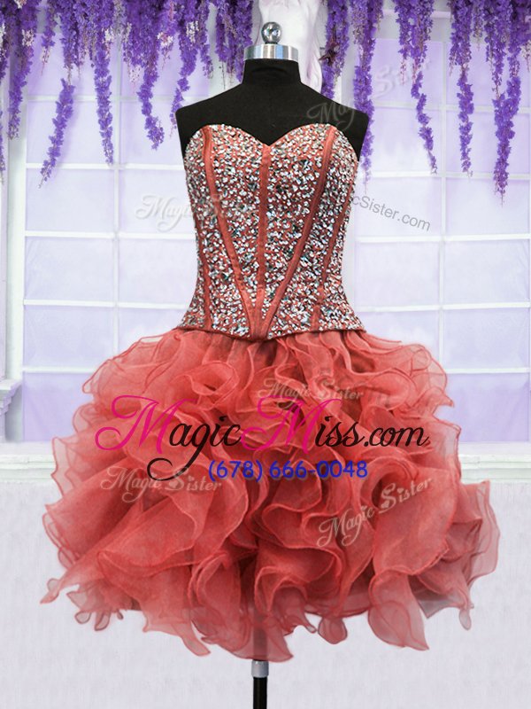 wholesale delicate four piece coral red ball gowns beading and ruffles quinceanera gowns lace up organza sleeveless floor length