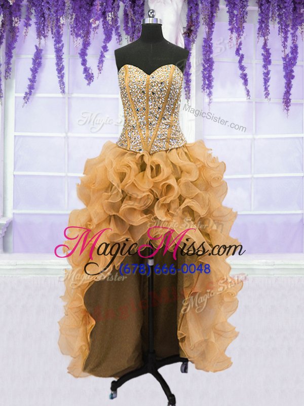 wholesale four piece gold sleeveless floor length beading and ruffles lace up 15th birthday dress