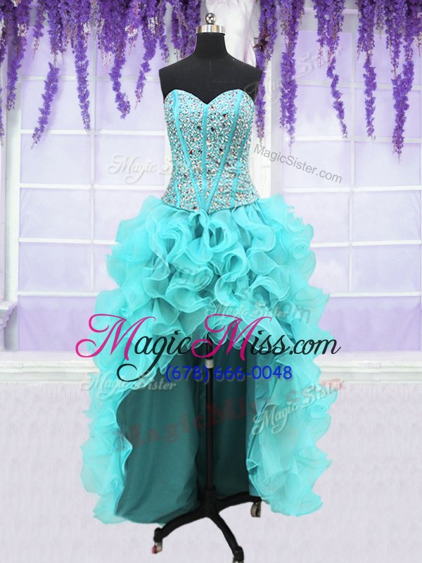 wholesale flirting four piece aqua blue ball gowns organza sweetheart sleeveless ruffles and sequins floor length lace up sweet 16 dress