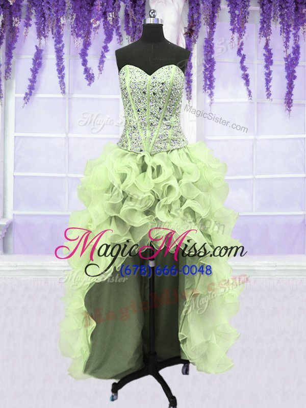 wholesale beautiful four piece yellow green ball gowns organza sweetheart sleeveless ruffles and sequins floor length lace up sweet 16 dress