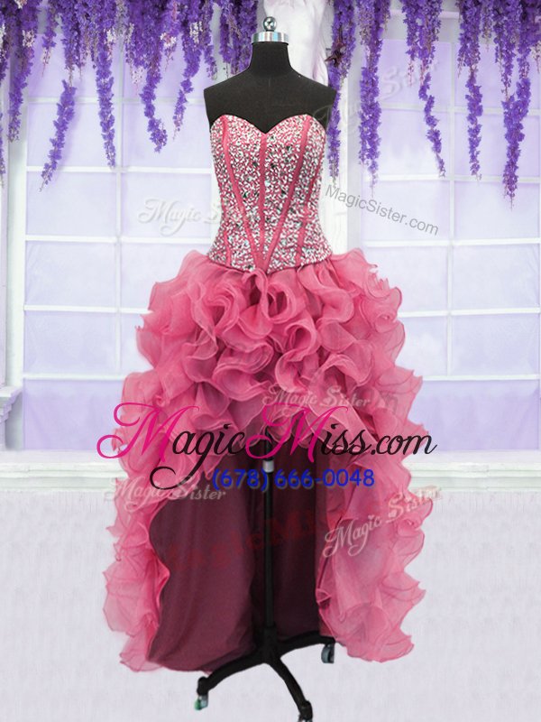 wholesale glittering four piece sequins ruffled sweetheart sleeveless lace up 15th birthday dress pink organza
