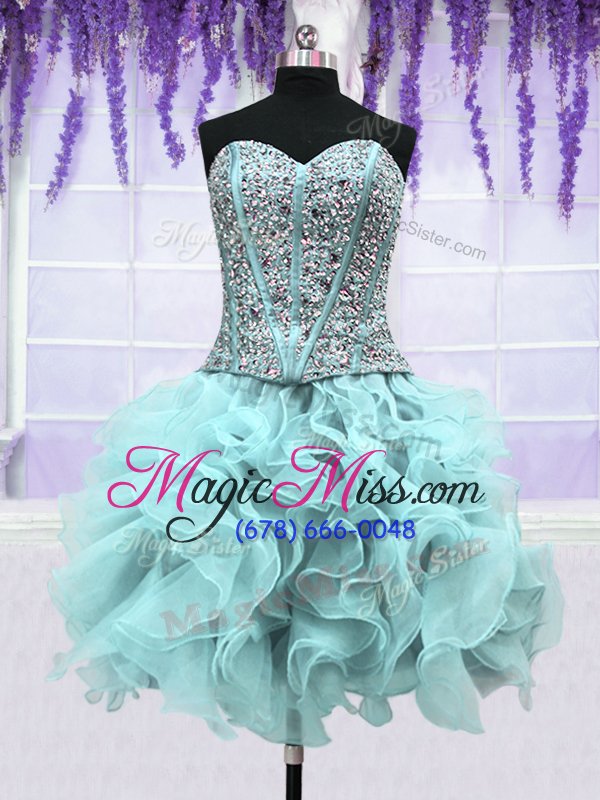 wholesale fancy four piece light blue sleeveless floor length ruffles and sequins lace up 15th birthday dress