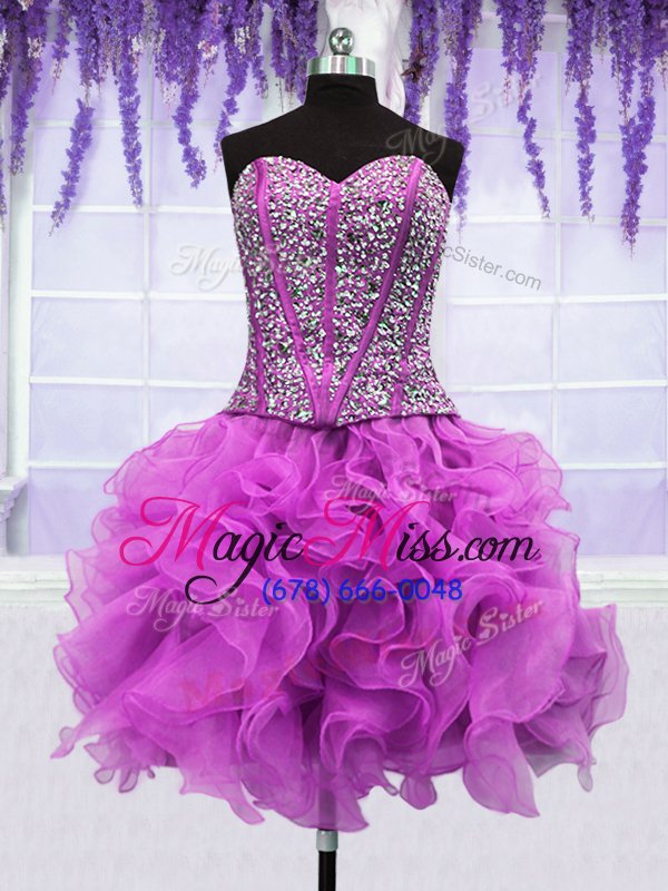 wholesale clearance four piece fuchsia sleeveless floor length ruffles and sequins lace up ball gown prom dress