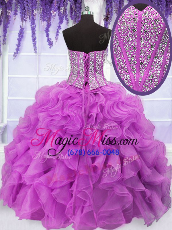 wholesale clearance four piece fuchsia sleeveless floor length ruffles and sequins lace up ball gown prom dress